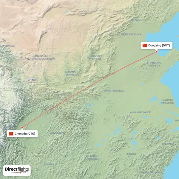 Dongying - Chengdu direct flight map