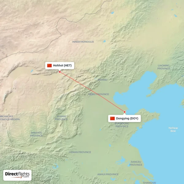 Dongying - Hohhot direct flight map