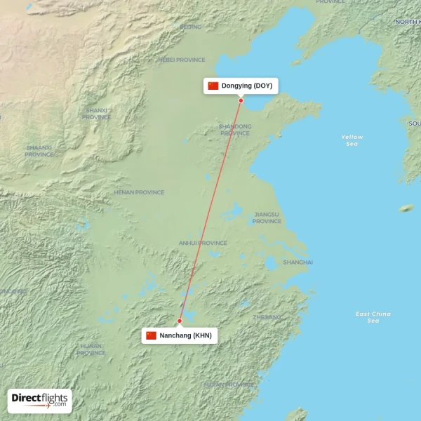 Dongying - Nanchang direct flight map