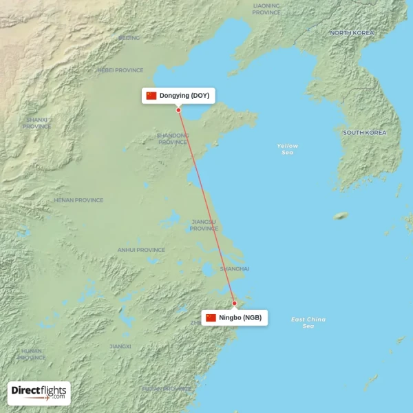 Dongying - Ningbo direct flight map