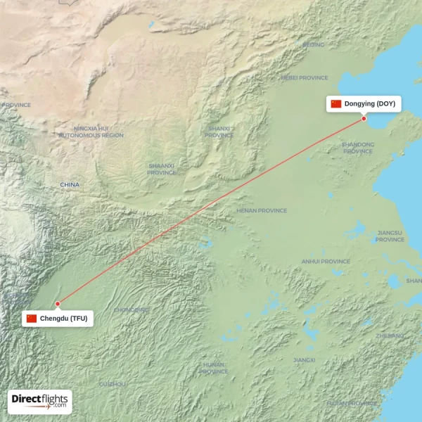 Dongying - Chengdu direct flight map