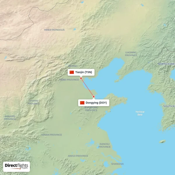 Dongying - Tianjin direct flight map