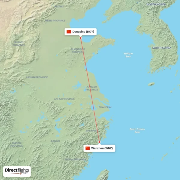 Dongying - Wenzhou direct flight map