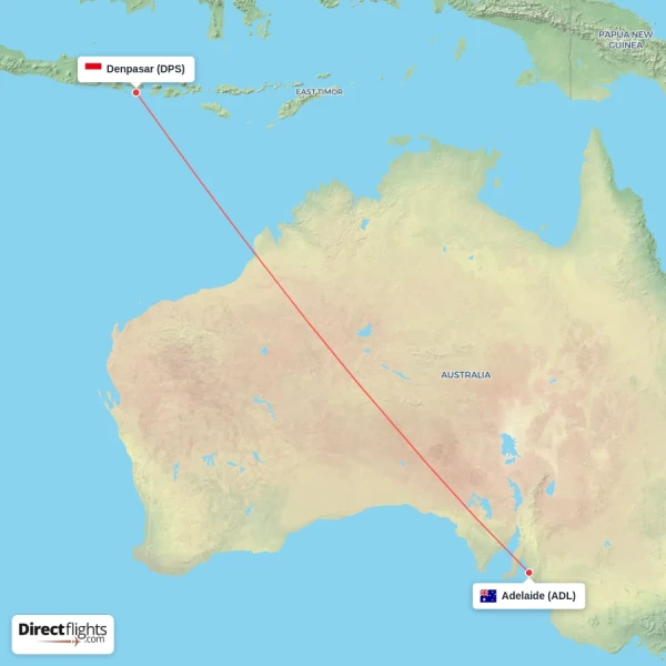 Denpasar - Adelaide direct flight map