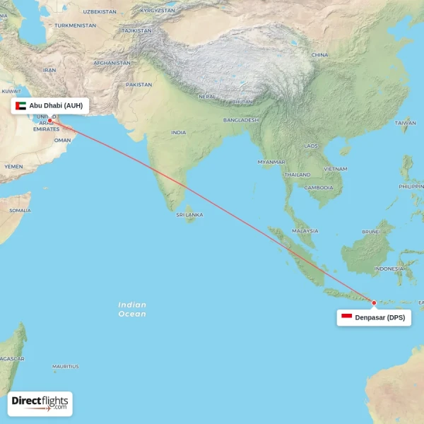 Denpasar - Abu Dhabi direct flight map