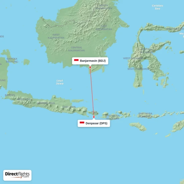Denpasar - Banjarmasin direct flight map