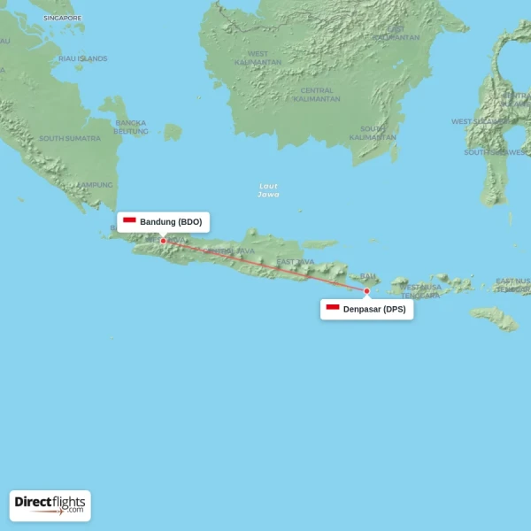 Denpasar - Bandung direct flight map