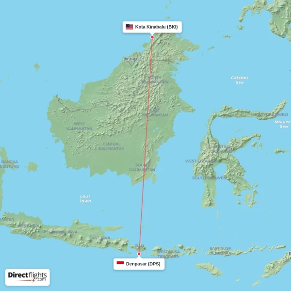 Denpasar - Kota Kinabalu direct flight map