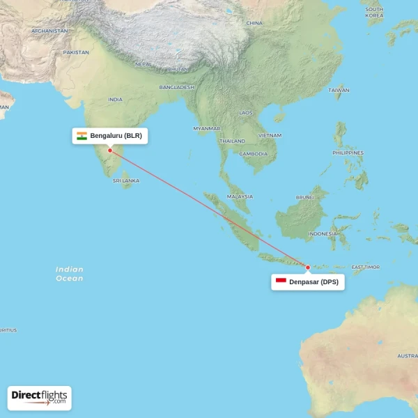 Denpasar - Bengaluru direct flight map