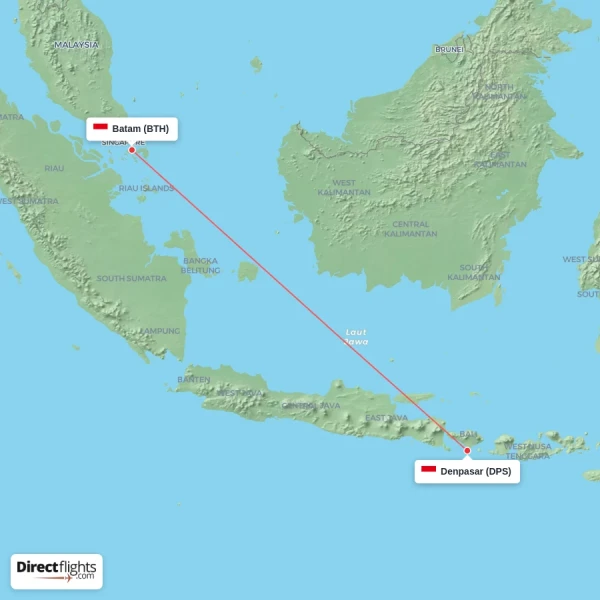 Denpasar - Batam direct flight map