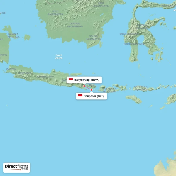Denpasar - Banyuwangi direct flight map