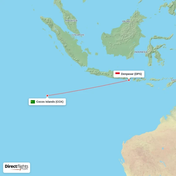 Denpasar - Cocos Islands direct flight map