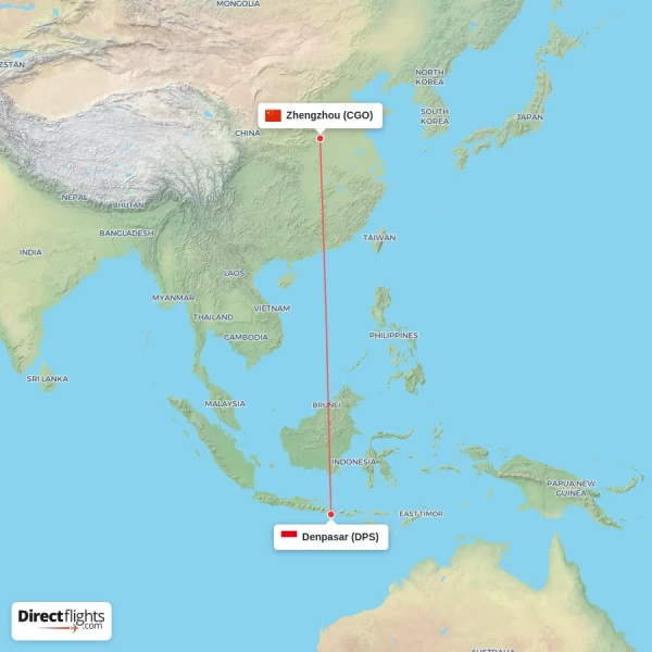 Denpasar - Zhengzhou direct flight map
