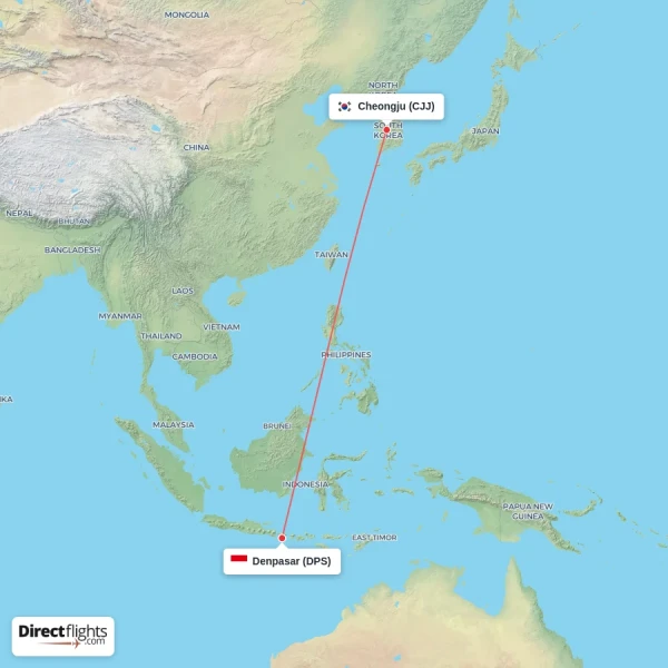 Denpasar - Cheongju direct flight map
