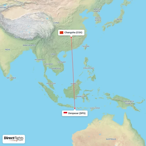 Denpasar - Changsha direct flight map
