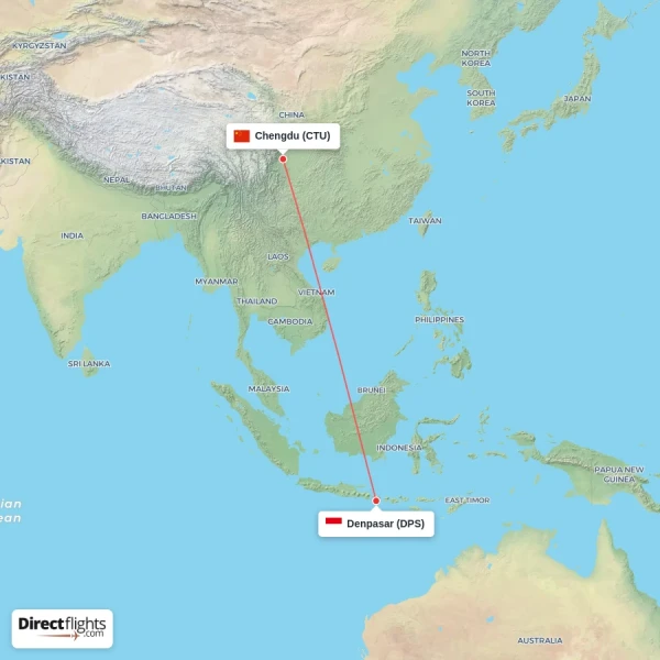 Denpasar - Chengdu direct flight map