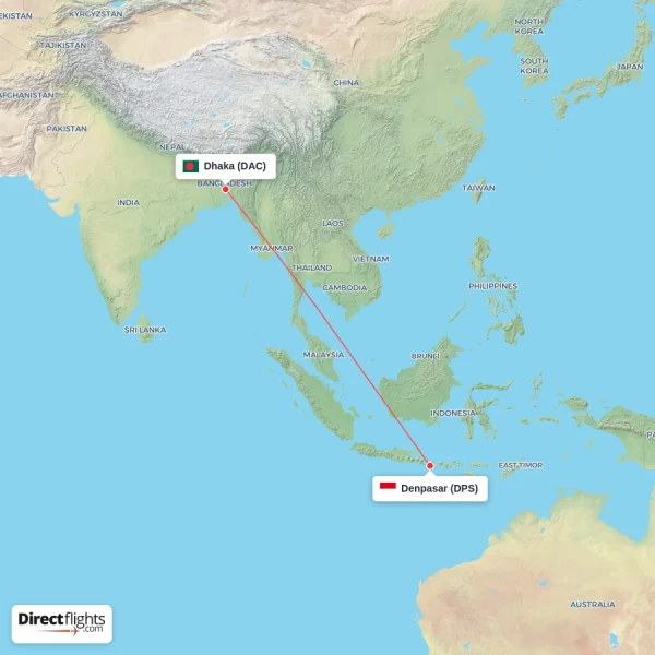 Denpasar - Dhaka direct flight map
