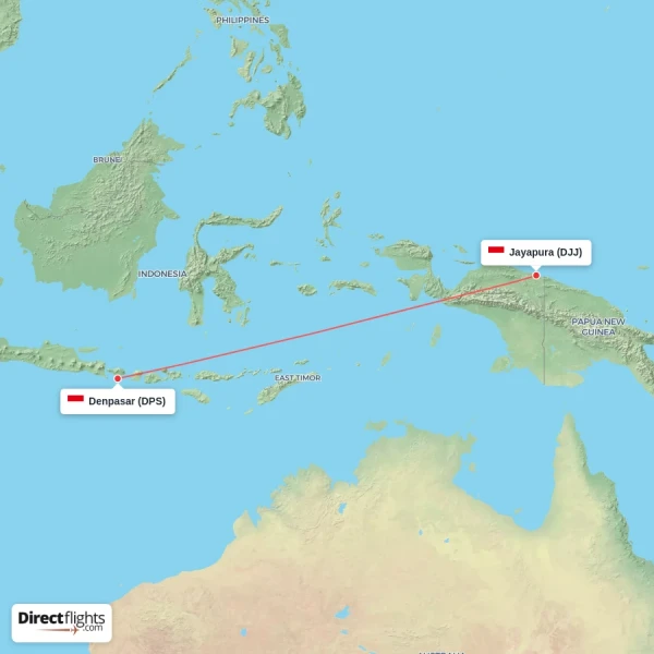 Denpasar - Jayapura direct flight map