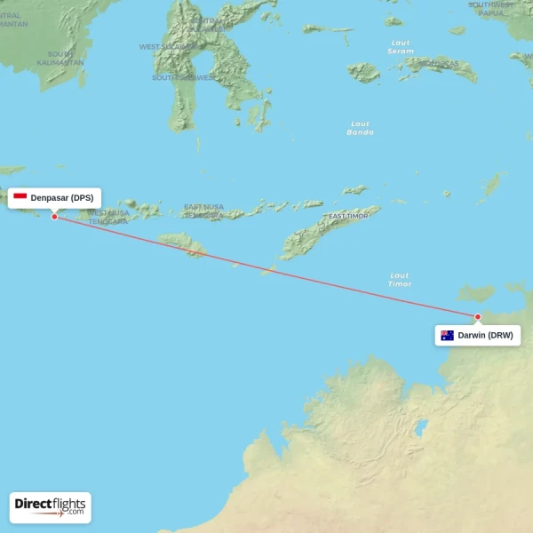 Denpasar - Darwin direct flight map