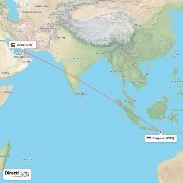 Denpasar - Dubai direct flight map