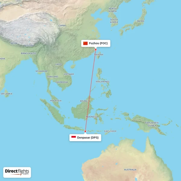 Denpasar - Fuzhou direct flight map