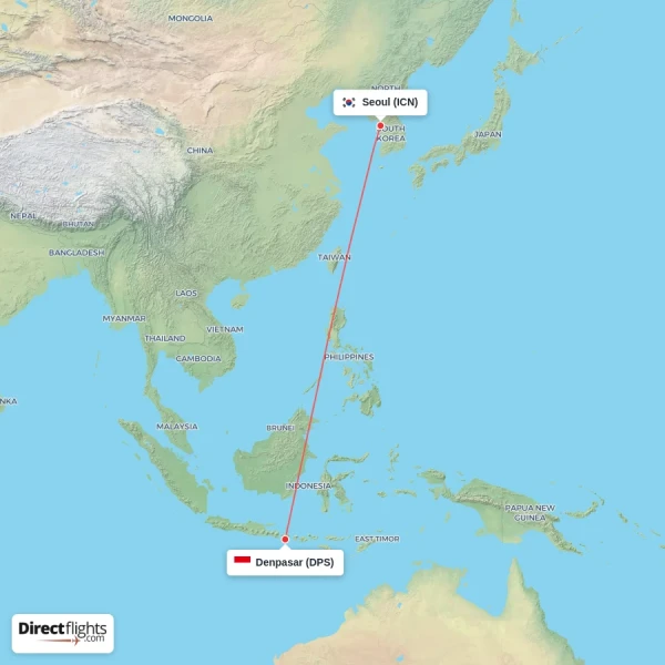 Denpasar - Seoul direct flight map