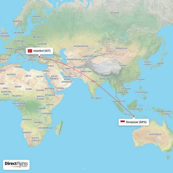 Denpasar - Istanbul direct flight map