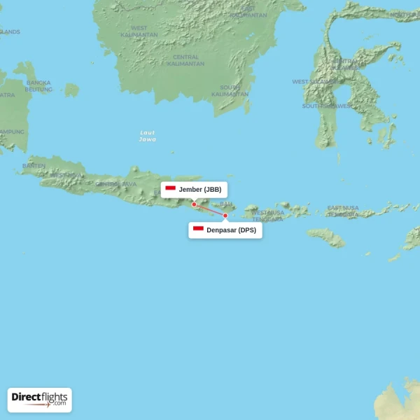 Denpasar - Jember direct flight map
