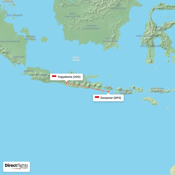 Denpasar - Yogyakarta direct flight map