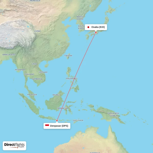 Denpasar - Osaka direct flight map