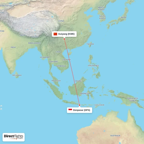 Denpasar - Guiyang direct flight map
