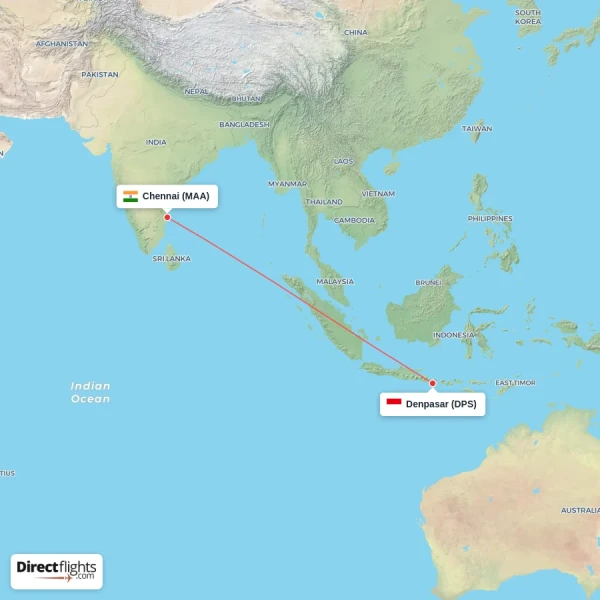 Denpasar - Chennai direct flight map