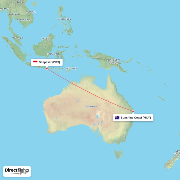 Denpasar - Sunshine Coast direct flight map