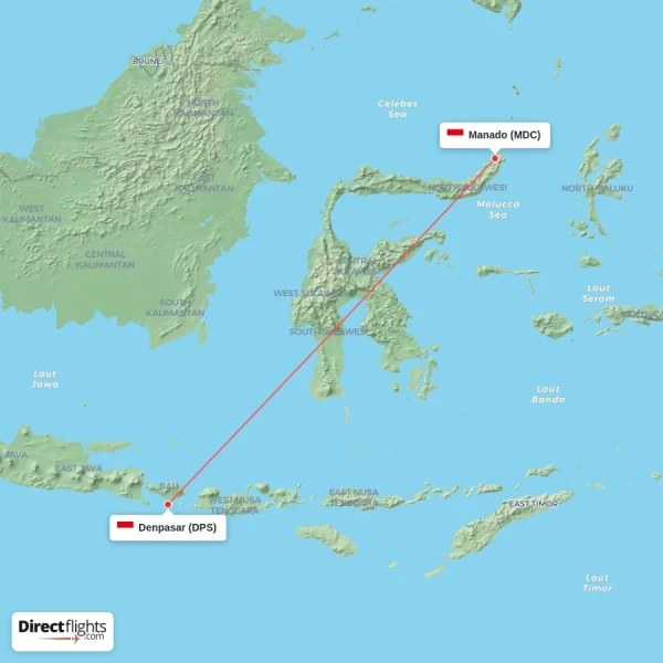 Denpasar - Manado direct flight map