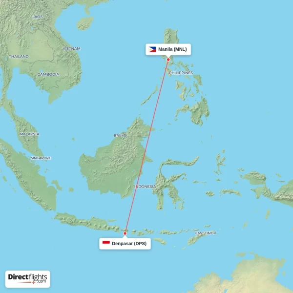 Denpasar - Manila direct flight map