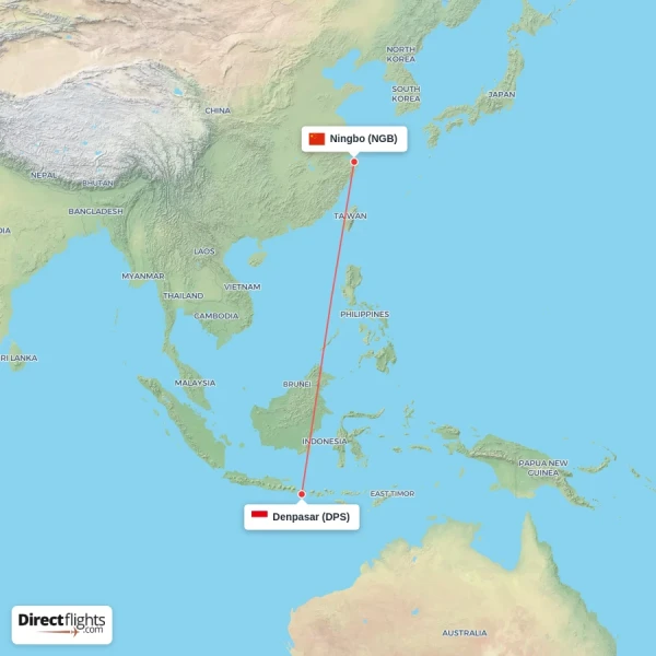 Denpasar - Ningbo direct flight map