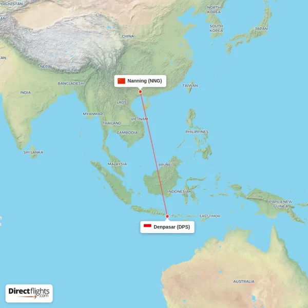 Denpasar - Nanning direct flight map