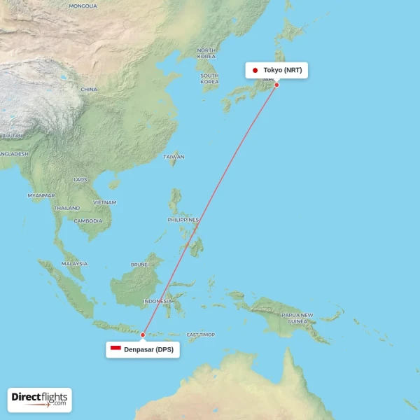 Denpasar - Tokyo direct flight map