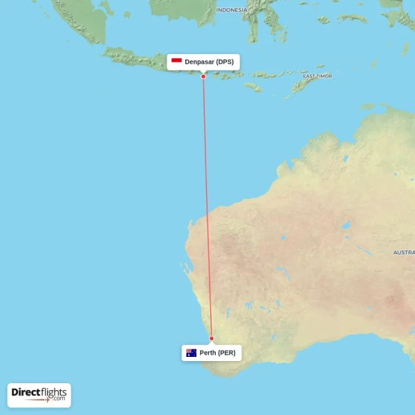 Denpasar - Perth direct flight map