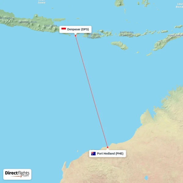 Denpasar - Port Hedland direct flight map