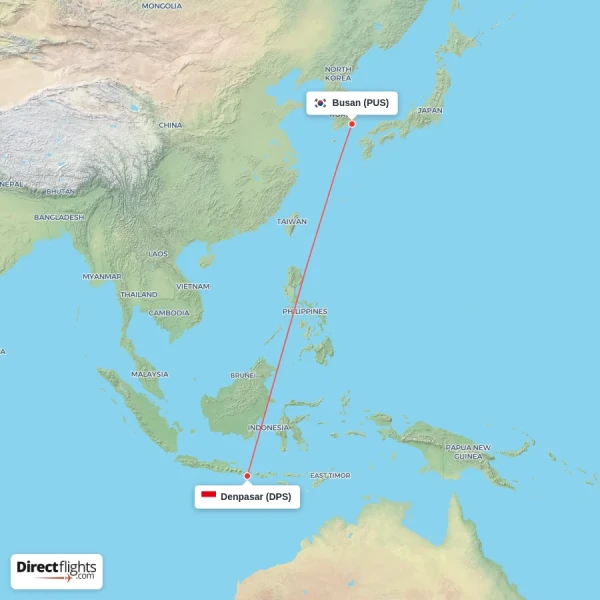 Denpasar - Busan direct flight map