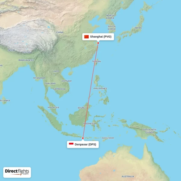 Denpasar - Shanghai direct flight map