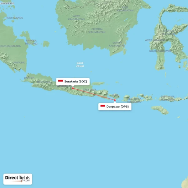 Denpasar - Surakarta direct flight map