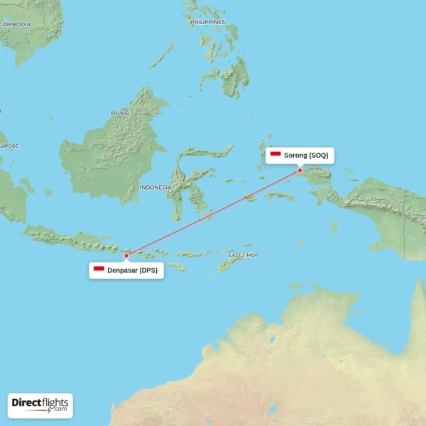 Denpasar - Sorong direct flight map