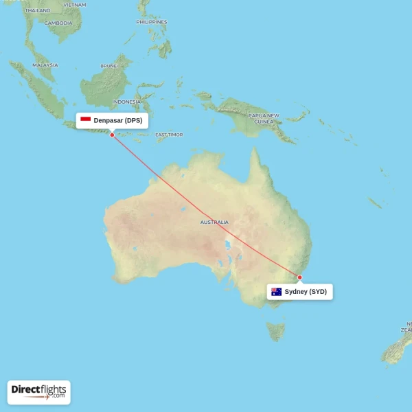 Denpasar - Sydney direct flight map