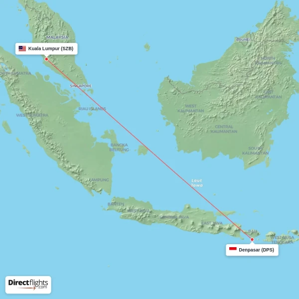Denpasar - Kuala Lumpur direct flight map