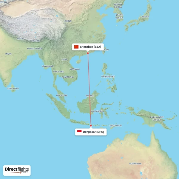 Denpasar - Shenzhen direct flight map