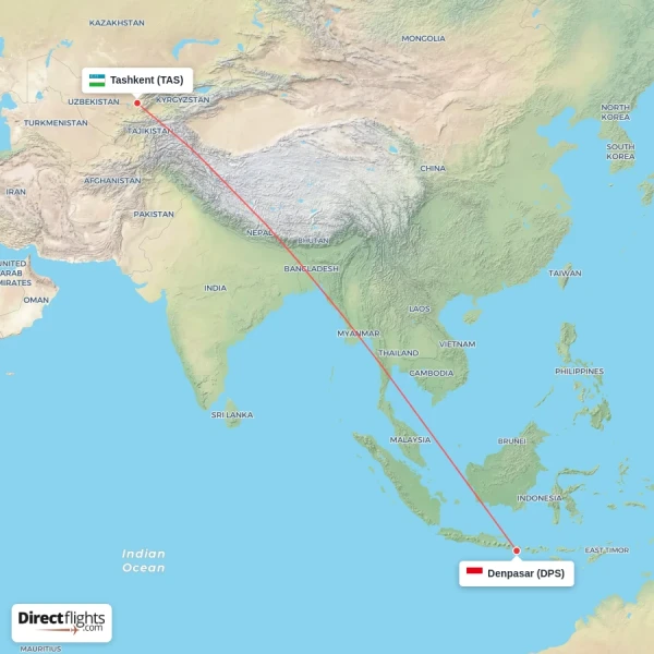 Denpasar - Tashkent direct flight map