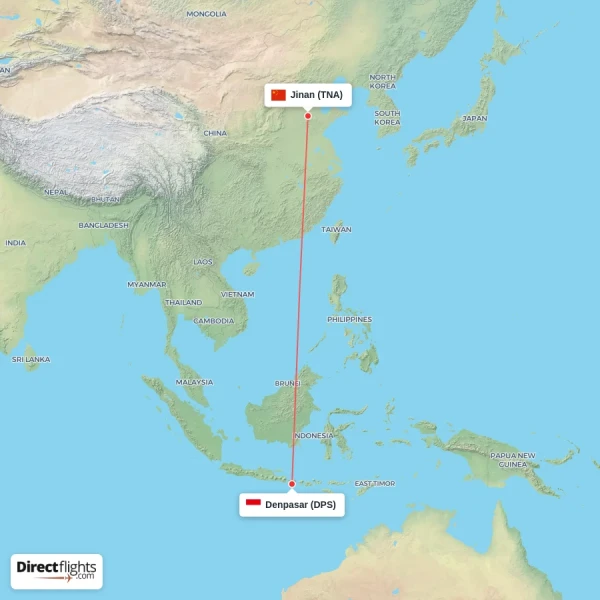 Denpasar - Jinan direct flight map