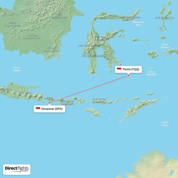 Denpasar - Tomia direct flight map
